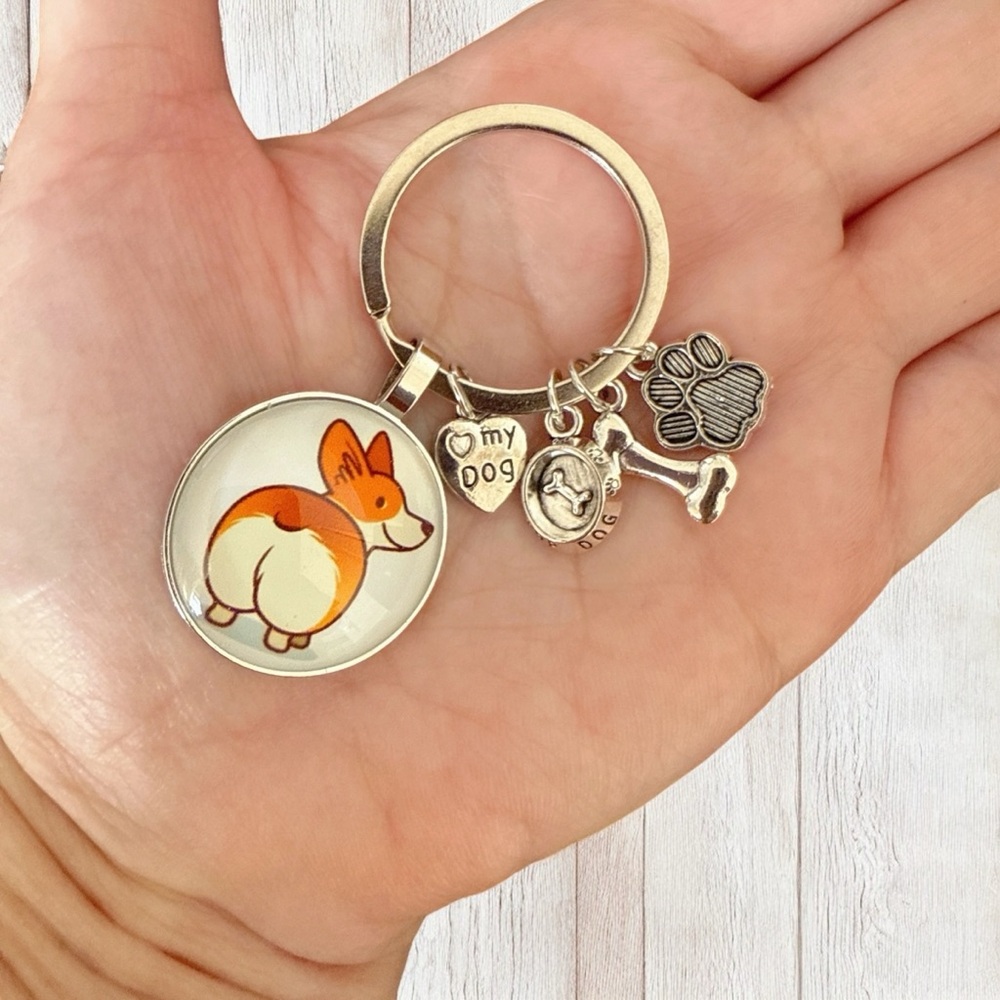 Corgi Dog & Bone Charm Keychain Pendant